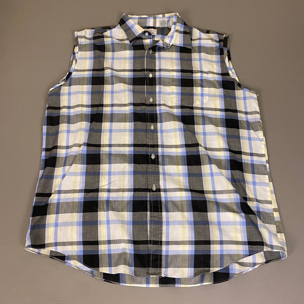 Vintage The Mens Store Button Up Shirt XL Tall Sleeveless Plaid Blue Black *Wear